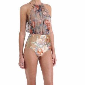 🆕Floral chiffon overlay high neck one piece swim